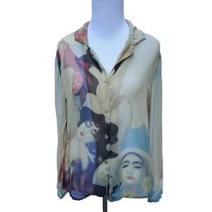 Citron Santa Monica Silk Chiffon Button Down Blouse Wearable Art Geisha Sz S